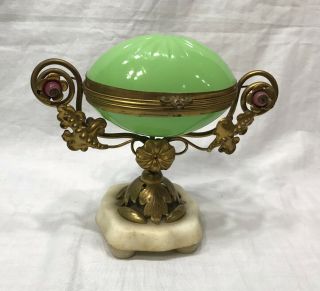 Napoleon Iii Era French Uranium Opaline Glass Egg,  Ormolu Trinket Box Casket