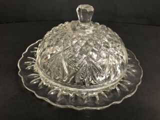 Vintage Eapg Clear Glass Round Dome Covered 7 " Butter Dish Pineapple Pattern