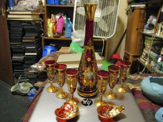 Vintage 9 Pc.  Venetian Murano Decanter Set Gilded & Enameled Ruby Glass Perfect