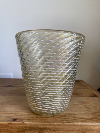 Vintage C.  1950s Italian Striped & Ribbed Murano Art Glass Vase - Barovier & Toso?