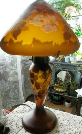 Vintage French Galle Tip Cameo Etched Flowers Glass Mushroom Table Lamp
