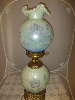 Fenton Glass Sea Mist Green Iridized Gwtw Painted Butterfly & Flower Table Lamp