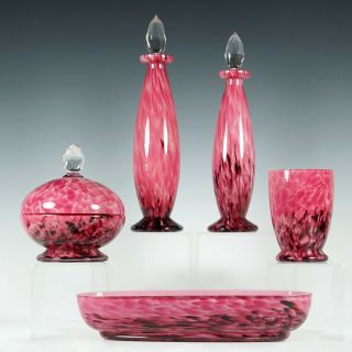 Vintage 1930s Pink Spatter Glass Vanity Perfume Bottle Set Ruckl Czech Bohemia