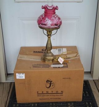 Fenton Cranberry Mary Gregory Lamp Girl Playing.  Limited Edition.  Box