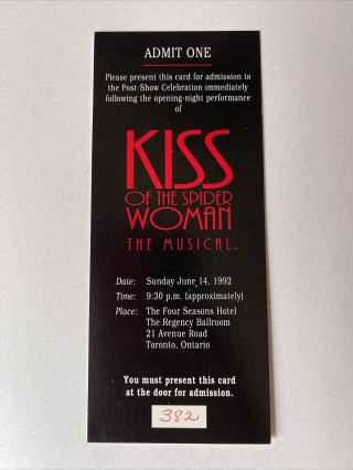 Vintage Kiss Of The Spider Woman Broadway Musical Opening Night Party Ticket ‘92
