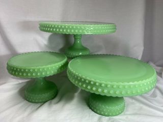 Rare Set Vintage L.  E.  Smith Hobnail Jadeite Green Pedestal Cake Stands Stand