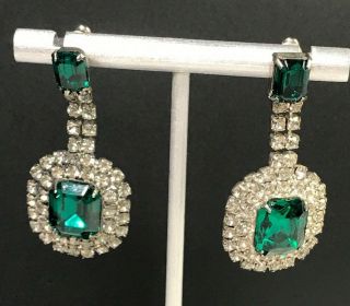 Vintage Faux Green Emerald & Diamond Rhinestone Jewelry Dangle Post Earrings
