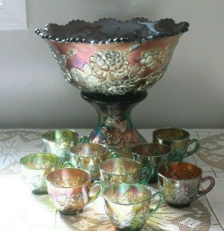 Fenton Carnival Glass Wreath Of Roses Punch Bowl Set & 9 Cups Vintage Interior