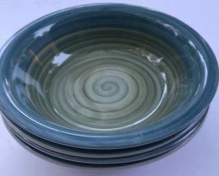 Pier 1 8 " Hand Painted Stoneware - Blue Rim - Green Center - Swirls Cereal Bowl