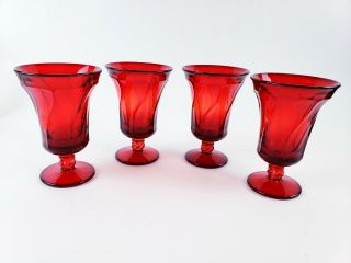 Vintage Depression Ruby Red Water Goblets Glasses Set Of 4 Swirl Pattern