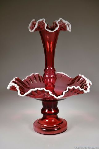 Rare Ca.  1950s Single Horn Epergne By Fenton For L.  G.  Wright Ruby Snow Crest