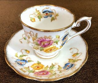 Tea Cup & Saucer Royal Albert Bone China,  England,  Pink Yellow Blue Vintage B1