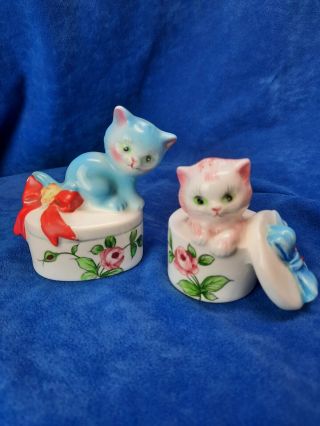 Vintage Py Japan Kitten Kitty Cat In The Hat Rose Box Salt And Pepper Shakers