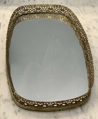 Rectangular Vintage Vanity Dresser Mirror Tray Gold Tone Filigree 13.  75 " X8”