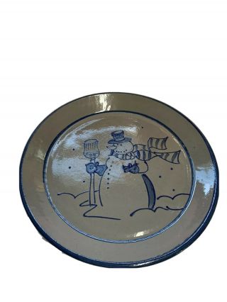 Vintage Beaumont Brothers Pottery Bbp Blue Salt Glaze 9 " Snowman Plate 1999