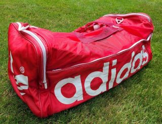 Vintage Adidas Large Duffle Gym Sports Bag Zip Up Red / White Trefoil 1980s 90s