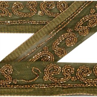 Sanskriti Vintage Sari Border Indian Craft Green Trim Hand Beaded Sewing Lace