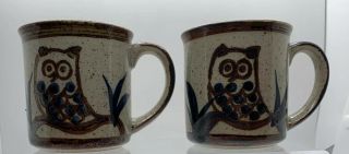Pair Vintage Otagiri Style Ceramic Tea Coffee Mug Owl - Blue Brown