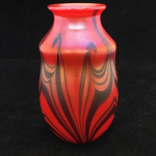 Early 1973 Signed Charles Lotton Mandarin Red Vase 5 3/8 " Tall Pulled Feather