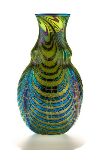 Charles Lotton Multi - Color Iridescent Vase 9.  5 " X 5.  5 " Art Glass Signed 1988