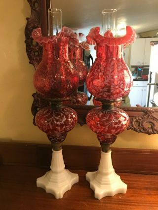Fenton Glass Daisy And Fern Pil Lamps Pair
