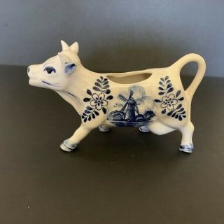 Vintage Ceramic Delft Blue Cow Pitcher Creamer Windmill Scene