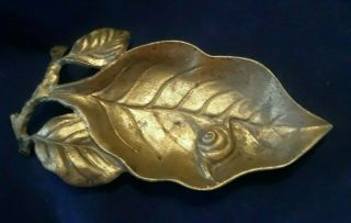Vintage Goldtone Cast Iron Bronze Snail Leaf Tray Bowl Trinket Coin Dish Japan