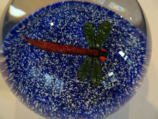 Paul Ysart Iridescent DRAGONFLY on Blue Jasper Ground Glass Paperweight PY Cane 2