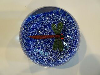 Paul Ysart Iridescent DRAGONFLY on Blue Jasper Ground Glass Paperweight PY Cane 3