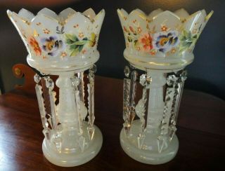 Pair Victorian Enamel Painted Bristol Clam Broth Glass Mantle Lusters W Prisms