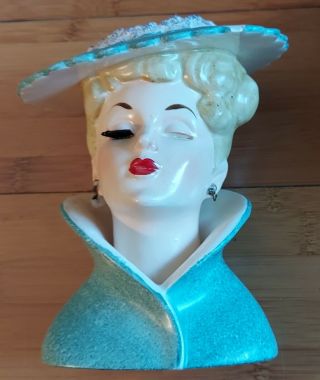 Vintage Napco Lady Head Vase C3815c 1959 Blonde In Blue - Green Outfit