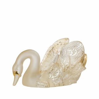 Lalique Swan Head Down Sculpture Gold Luster Crystal,  Gold Enameled 10584400