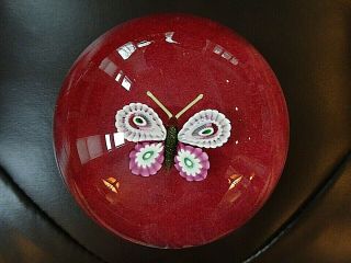 (3) Paul Ysart Art Glass Millefiori Butterfly On Red Jasper Paperweight Py Cane
