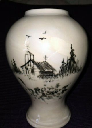 Bering Sea Originals Art Pottery Vase Hand Painted Alaska 1060 Old School House