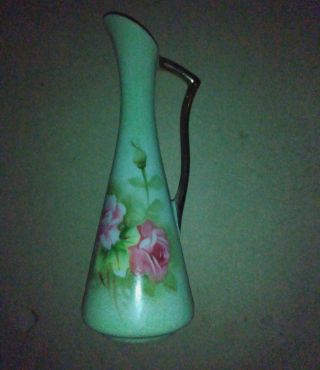 Vintage Lefton China Green Heritage Hand Painted Roses Mini Pitcher Bud Vase