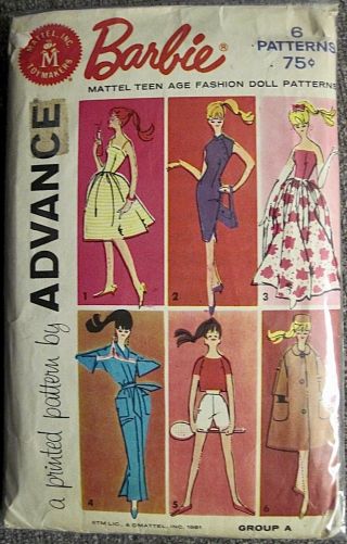 Vintage 1961 Advance Barbie Doll Clothes Pattern 6 Outfits Doll Size 11 1/2 "
