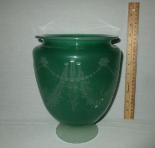 Antique Steuben Art Glass Green Jade Etched Alabaster Footed Vase 938 9.  75 "