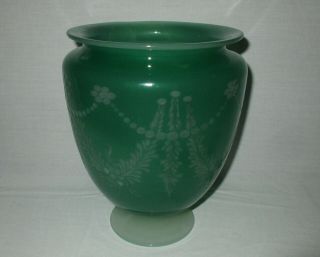 Antique Steuben Art Glass Green Jade Etched Alabaster Footed Vase 938 9.  75 