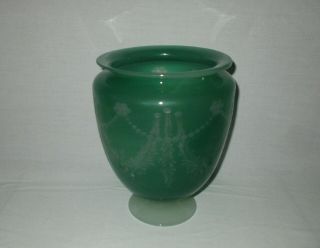 Antique Steuben Art Glass Green Jade Etched Alabaster Footed Vase 938 9.  75 