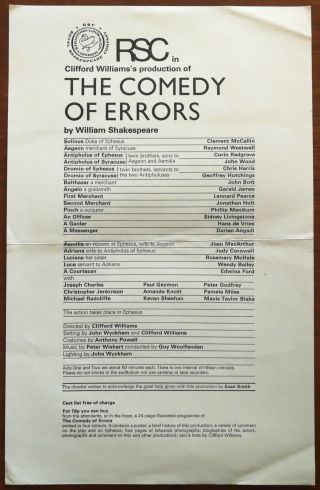 The Comedy Of Errors,  Royal Shakespeare Company Theatre Programme Sheet C.  1960’s
