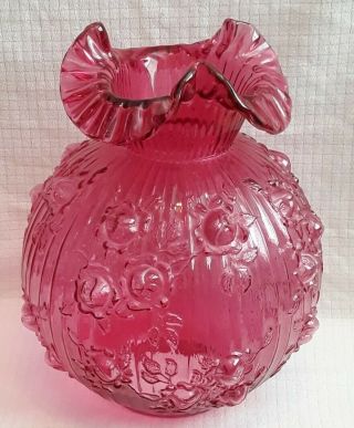 Large Fenton Gone With The Wind Cabbage Rose Cranberry Glass Lamp Shade Globe