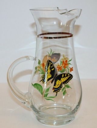 Vintage Butterfly Glass Pitcher W/ Gold Trim 1960s Monarch Flowers Barware