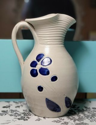 Williamsburg Pottery Stoneware Pitcher Salt Glaze Cobalt Blue Leaf 7 "