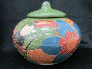Vintage Hand Painted Multi - Color Floral Toucan Bird Ceramic Urn Vase