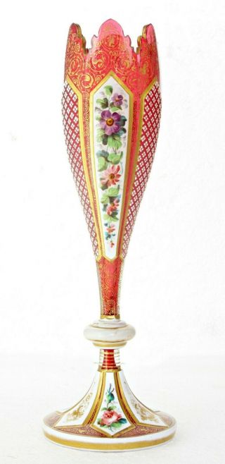 Antique Bohemian Cranberry Glass Vase,  Hand - Painted Flowers,  Gothic,  Tulip Shape
