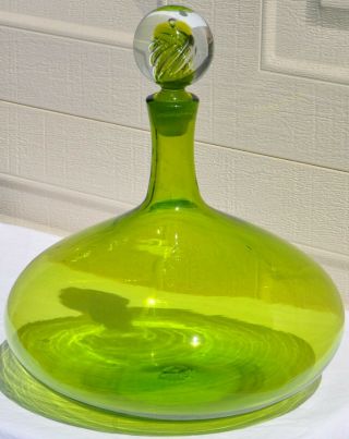 Large Vintage Mcm Blenko Olive Green Art Glass Decanter 6716 Airtwist Stopper