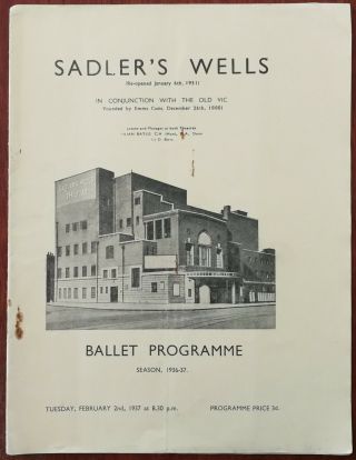 Sadler’s Wells / The Old Vic.  Ballet Programme,  February 2nd 1937