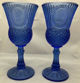 2 Vintage Avon Fostoria Pressed Glass George And Martha Washington Blue Goblets