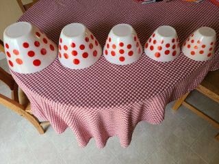 Vintage Fire King Red Polka Dot Nesting Mixing Bowl Complete Set W/ Grease Jar