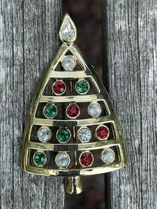 Christmas Tree Brooch Pin Red Green Clear Rhinestones Gold Tone Vintage Lia Sign